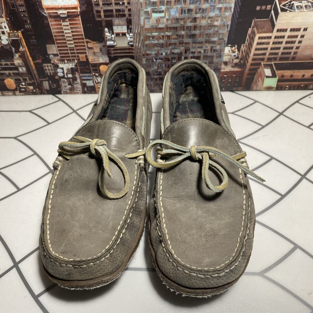 LL Bean Handsewn Leather Slippers Mens 10 Gray Perforated Flannel Lined Shoes